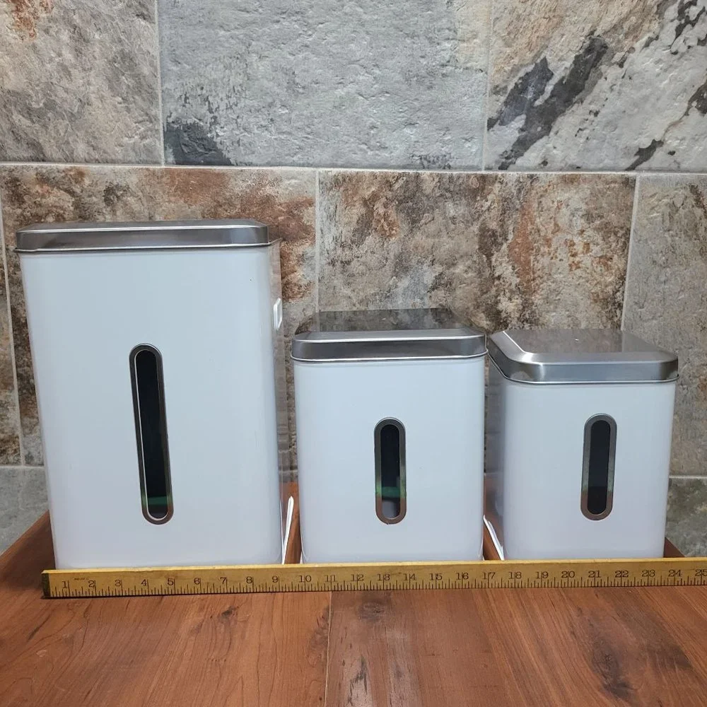 Nesting Square White & Silver Tin Cans Set of 3
